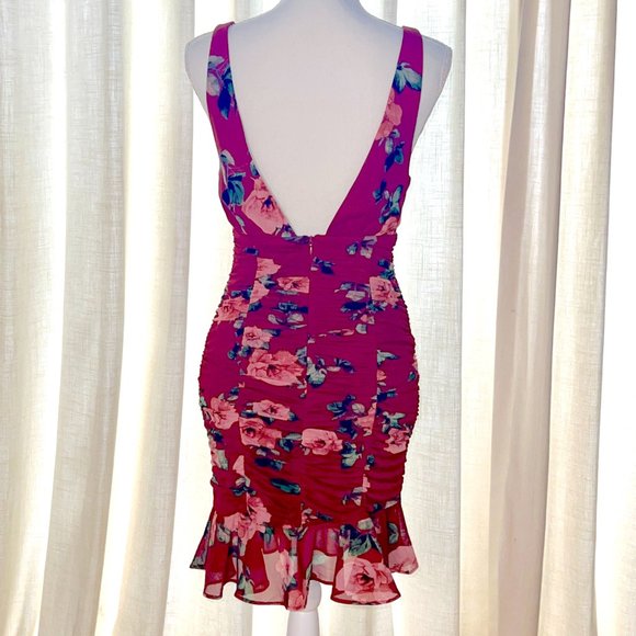 Lulu's Cherry Red Floral Sexy Shirred Dress, Size S - Picture 4 of 7
